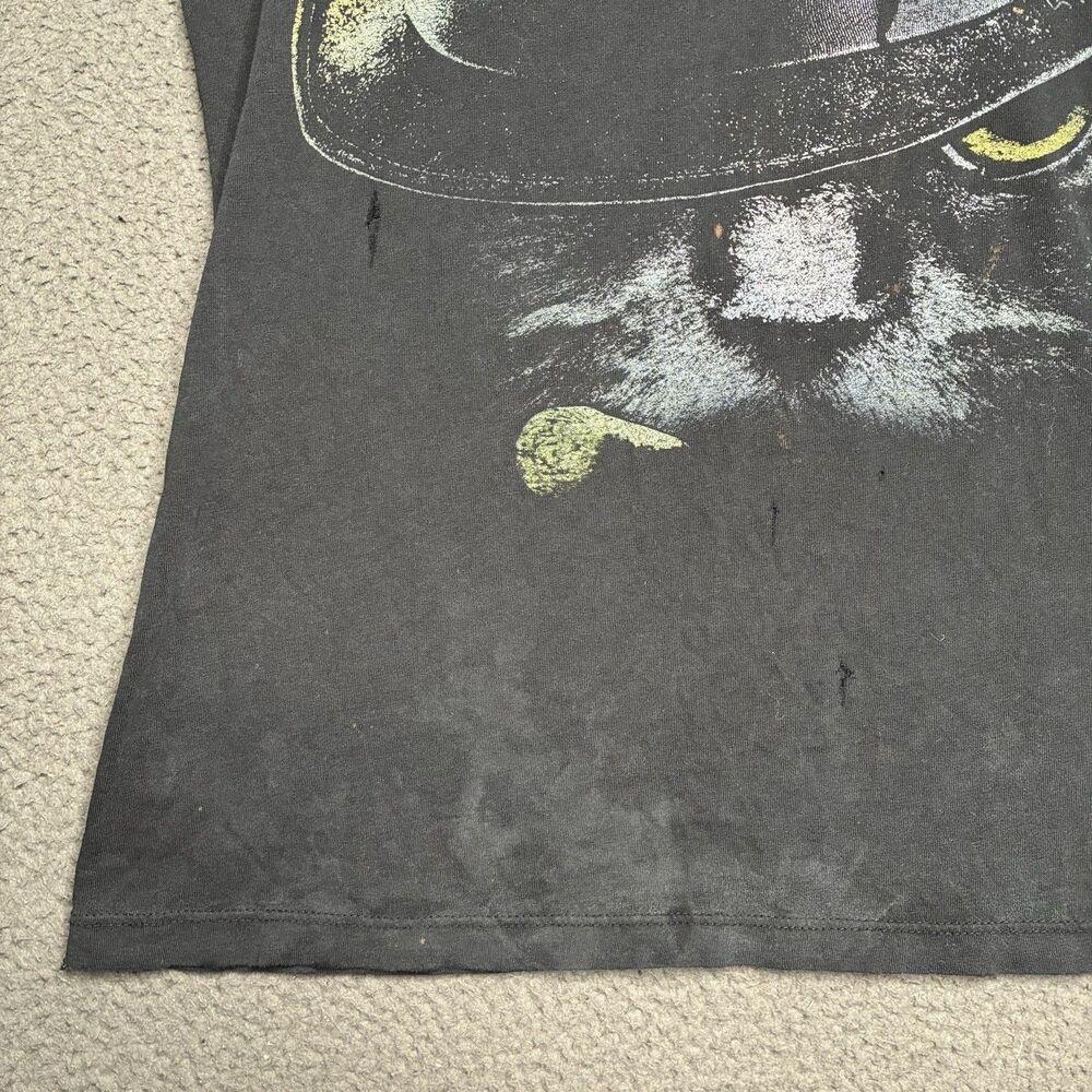 Y2K Cat Graphic T-Shirt Black Fedora Hat Yellow Eyes Crewneck Womens Large - Picture 4 of 14